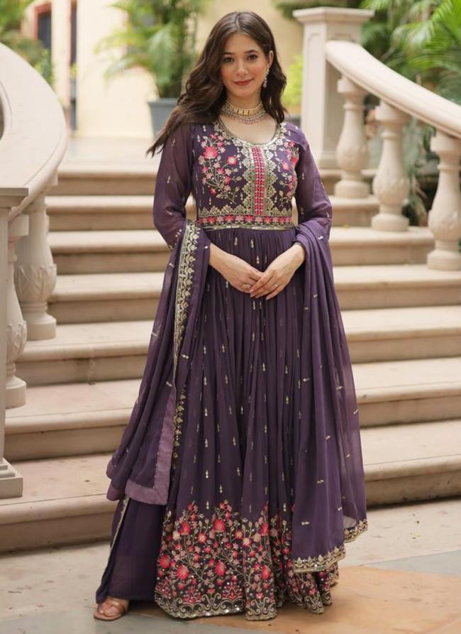 Georgette Purple Party Wear Embroidery Work Readymade Sharara Suit